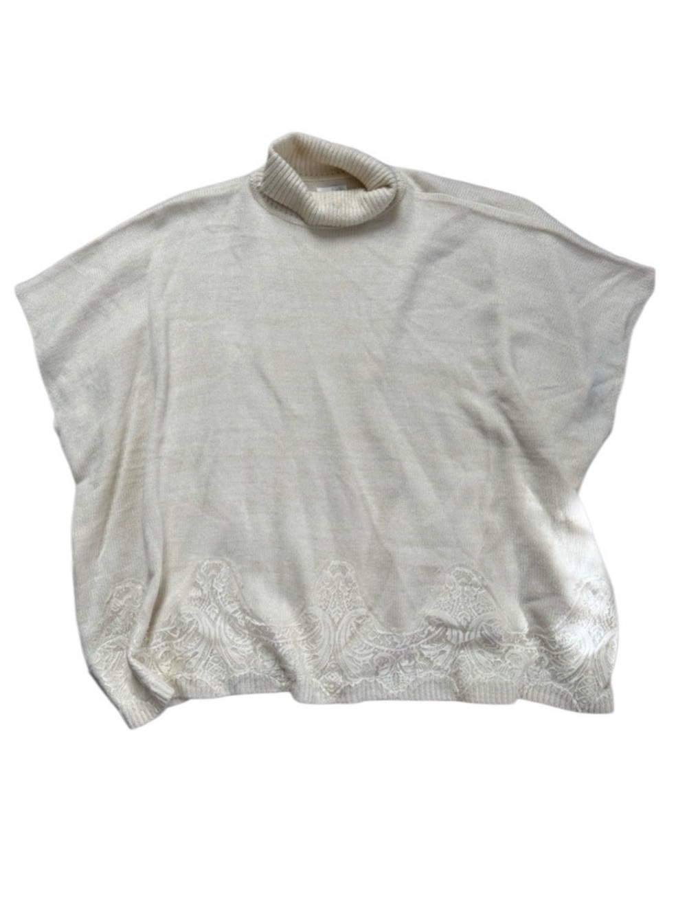 Charming Charlie Cream Turtleneck Lace Trim Oversized Cape Sweater Small